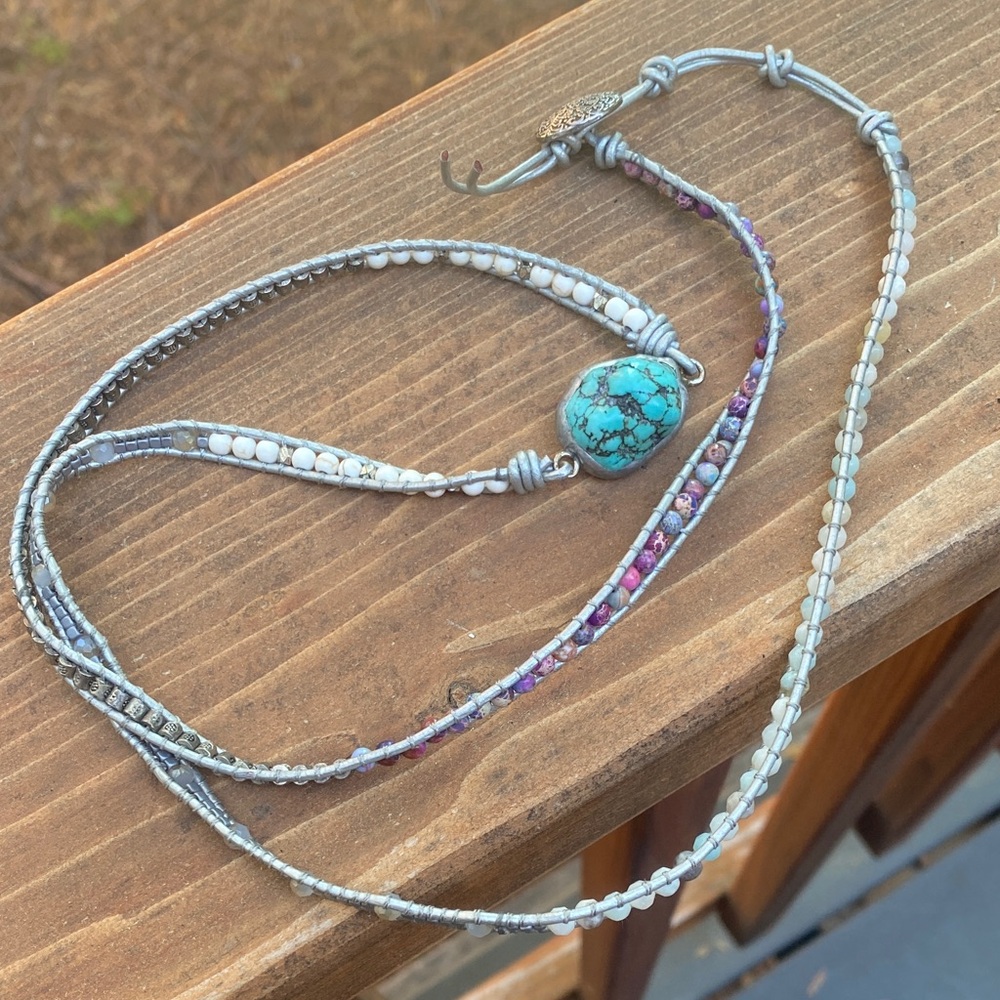 Long Beaded Necklace with Turquoise Pendant - Multicolor